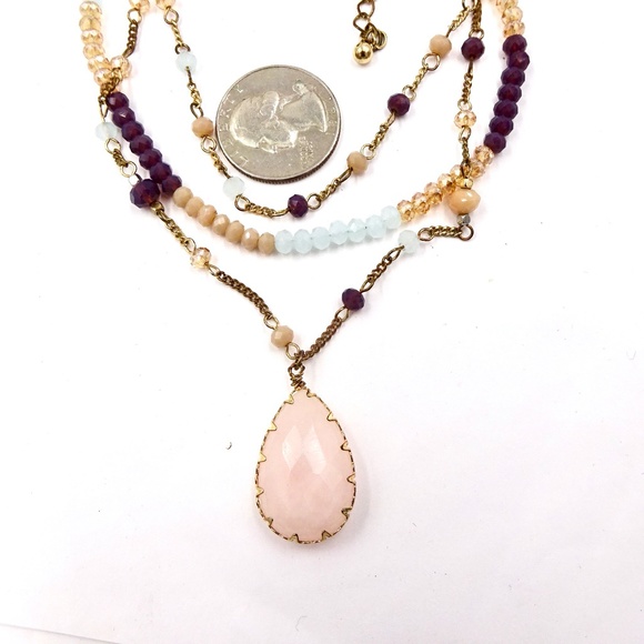 TRIPLE STRAND ROSE QUARTZ CRYSTAL DROP NECKLACE - Picture 6 of 7